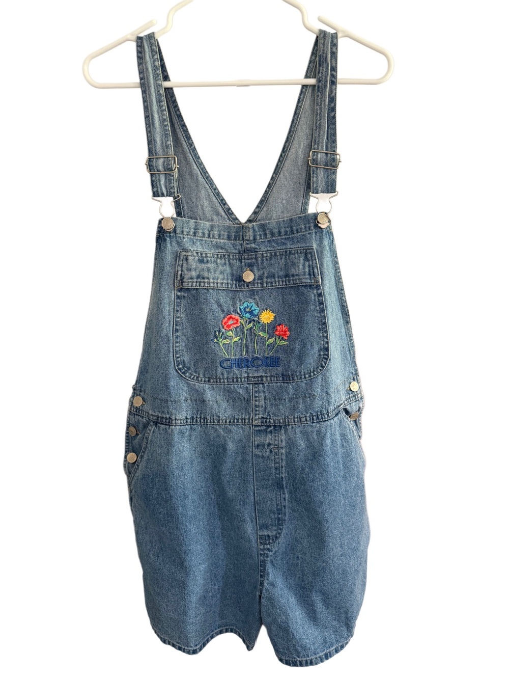 Vintage Y2K Cherokee Denim Floral Bib Embroidery Overalls Boho Hippie Large